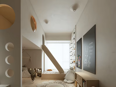 Kids Room Interior Design With Slide Chalkboard Wall Circular Decorations And Soft Rug 3d model