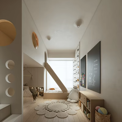 Kids Room Interior Design With Slide Chalkboard Wall Circular Decorations And Soft Rug 3d model