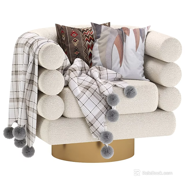Plush Leisure Chair With Rounded Armrests Geometric Pillows And Plaid Pom Pom Throw 3d model 