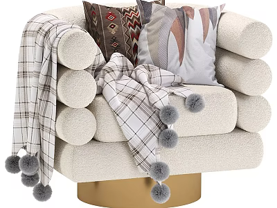Plush Leisure Chair With Rounded Armrests Geometric Pillows And Plaid Pom Pom Throw 3d model