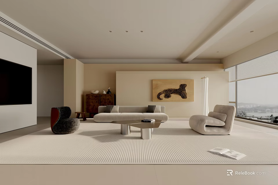 Modern Living Room Interior With Comfortable Sofa Coffee Table Artwork And Large Windows 3d model 