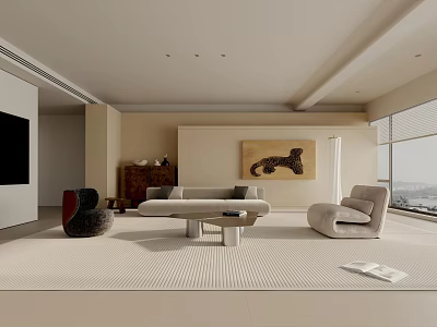 Modern Living Room Interior With Comfortable Sofa Coffee Table Artwork And Large Windows 3d model