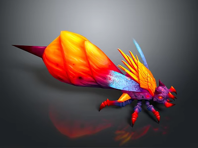 Colorful Fantasy Insect With Large Orange Red Wings Blue Purple Body And Red Legs 3d model