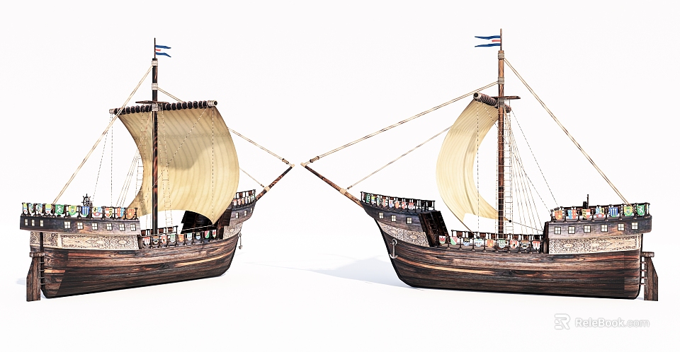 Traditional Wooden Sailing Ships With Raised Sails And Blue Flags 3d model 
