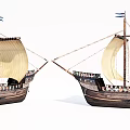 Traditional Wooden Sailing Ships With Raised Sails And Blue Flags