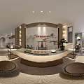 Traditional Chinese Teahouse Interior With Wooden Shelves Stone Decorations Green Plants And Natural Light