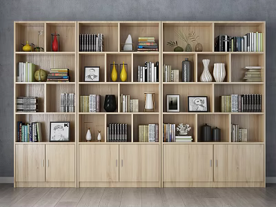 Modern Wooden Bookcase With Multiple Shelves Books Vases Frames And Decorative Ornaments 3d model