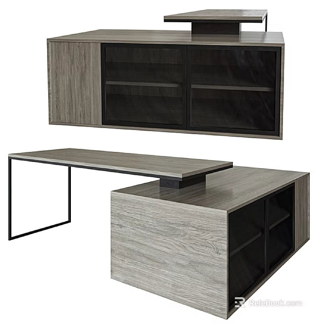 Modern Office Desk With Wooden Top Metal Frame And Wall Cabinet 3d model 