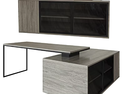 Modern Office Desk With Wooden Top Metal Frame And Wall Cabinet 3d model