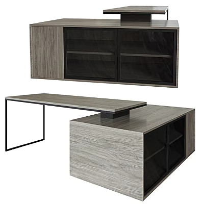 Modern Office Desk With Wooden Top Metal Frame And Wall Cabinet 3d model