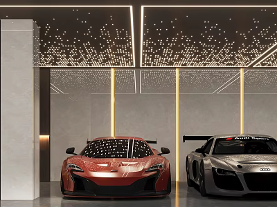 Luxury Modern Garage Interior With Red And Silver Sports Cars And Decorative Ceiling Lights 3d model