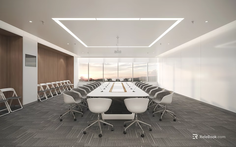 Modern Conference Room Interior Design With Long Meeting Table White Chairs And Large Windows 3d model 