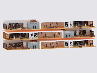 Multi Level Clothing Store Interior With Display Areas Mannequins And Sections 3d model