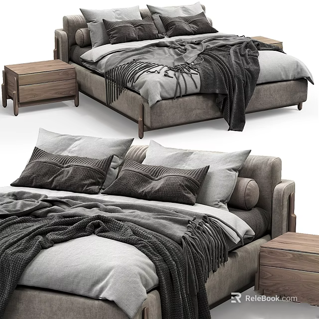 Modern Bedroom Setup With Bedside Table Pillows And Cozy Gray Blanket 3d model