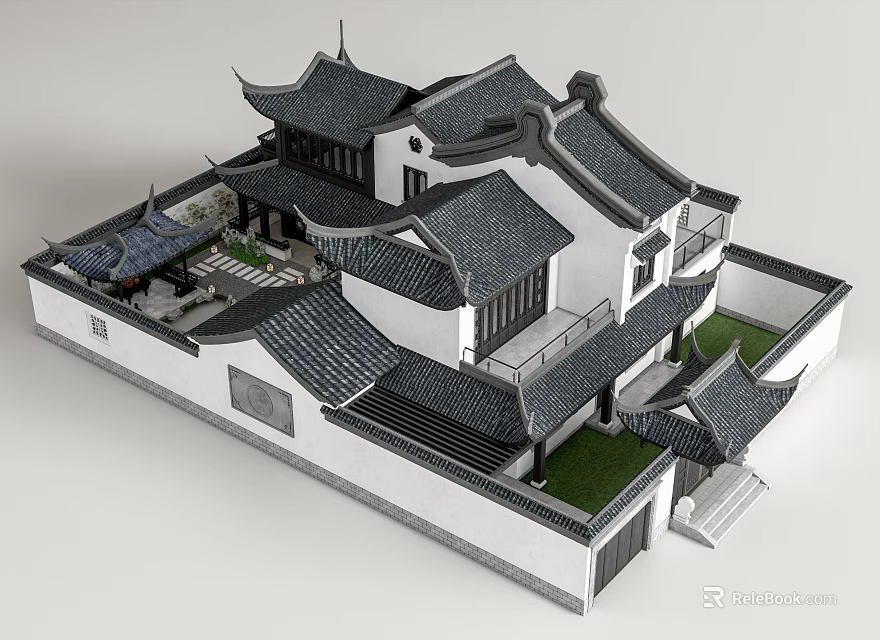 Traditional Chinese Ancient Architecture With Overhanging Eaves Gray Tiles White Walls And Courtyard 3d model 