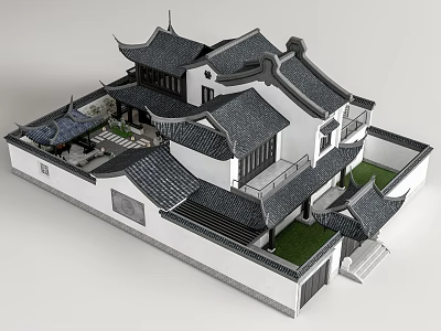 Traditional Chinese Ancient Architecture With Overhanging Eaves Gray Tiles White Walls And Courtyard 3d model