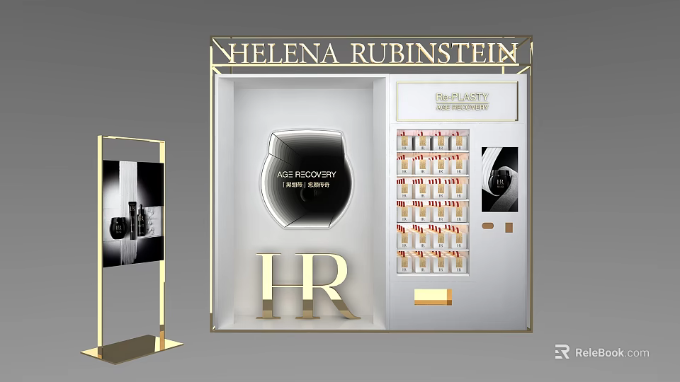 Luxury Helena Rubinstein Cosmetics Display Shelf with Face Sculptor and Lipsticks in Elegant Gold Frame 3d model 