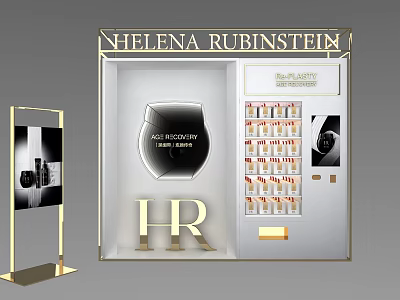 Luxury Helena Rubinstein Cosmetics Display Shelf with Face Sculptor and Lipsticks in Elegant Gold Frame 3d model