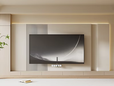 Modern TV Background Wall Interior With Light Strips Wooden Panels And Green Plant 3d model