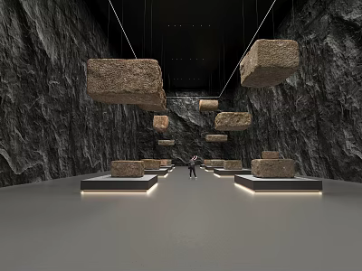 Contemporary Exhibition Hall Featuring Dark Rock Walls Suspended Stone Blocks And Display Platforms 3d model