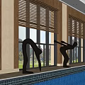 Spacious Swimming Pool Area With Large Windows Wooden Blinds And Decorative Sculptures