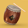 Brown Wooden Musical Instrument Drum with Decorative Metal Parts and Drumstick on Yellow Background