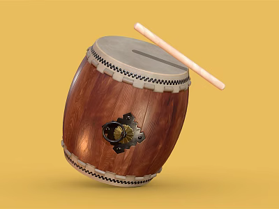 Brown Wooden Musical Instrument Drum with Decorative Metal Parts and Drumstick on Yellow Background 3d model