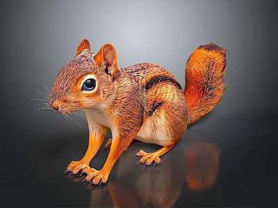 Adorable Brown Squirrel With Fluffy Tail Big Eyes Standing On Shiny Surface 3d model