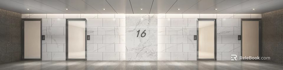 Modern Elevator Lobby With Marble Walls Floor Number 16 And Ceiling Lights 3d model