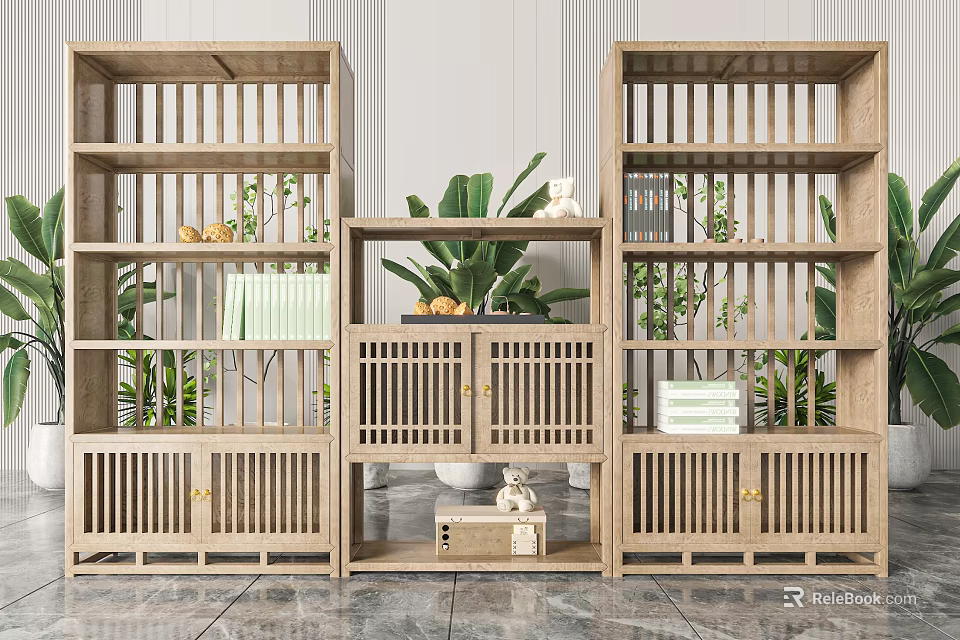 Modern Wooden Bookcase Design With Open Shelves Plants Books And Decorations 3d model 
