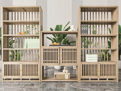 Modern Wooden Bookcase Design With Open Shelves Plants Books And Decorations 3d model