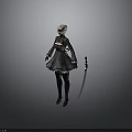 White Short Haired Woman In Black Dress And Gloves Holding Long Sword Against Gray Background