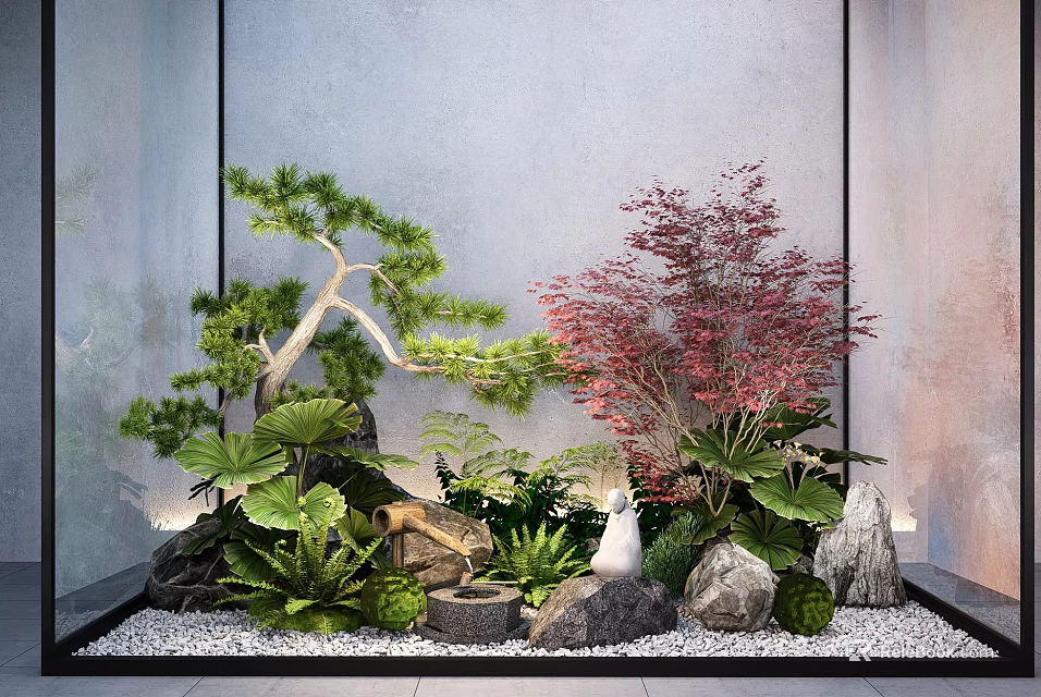 Tranquil Garden Scene With Pine Red Maple Green Plants Stones And Water Elements 3d model 