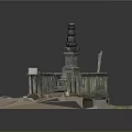 Detailed Ancient Stone Tower Structure With Pedestal Base And Surrounding Fence