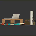 Beach Setup Featuring Wooden Lounge Chair With White Cushion Wooden Chest Hammock And Colorful Surfboard