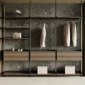 Modern Elegant Wardrobe With Shelves Hanging Clothes Drawers And Patterned Wall 3d model