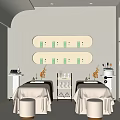 Modern SPA Room With Massage Beds Oval Shelves Skincare Products And White Robes