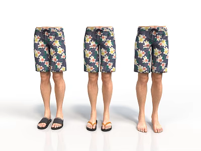 Realistic Style Men's Flower Shorts Men's Shorts Color Shorts Slippers Flip Shaped Display Standing Posture Three View Display Summer Clothing Beach Pants 3d model