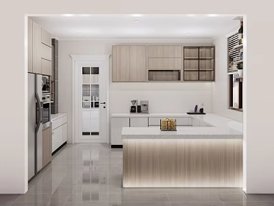 Modern Kitchen Interior Design With Light Wood Cabinets White Countertop And Island 3d model