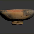 Ancient Ceramic Bowl Sculpture with Orange and Black Patterns Handcrafted Carving Details