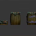 Decorative Wooden Barrels And Crates With Glowing Blue Liquid And Ornamental Plants