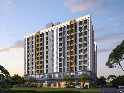 Modern Residential Building With Yellow Accented Glass Walls Balconies And Greenery Surroundings 3d model