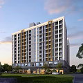 Modern Residential Building With Yellow Accented Glass Walls Balconies And Greenery Surroundings