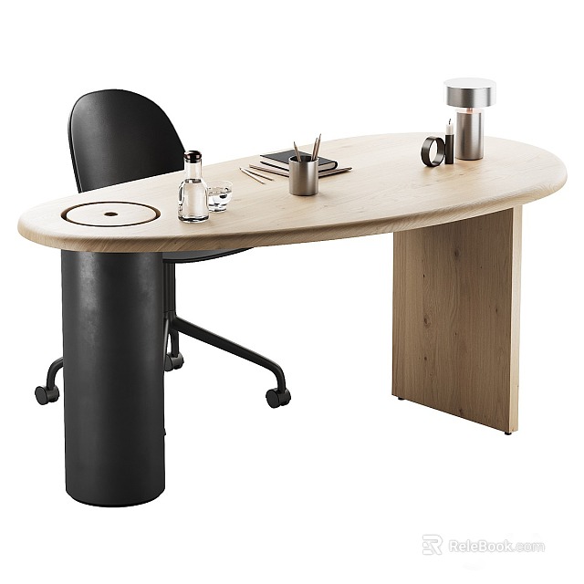 Modern Wooden Oval Desk with Glass Cup Pen Holder Notebook and Black Chair 3d model 