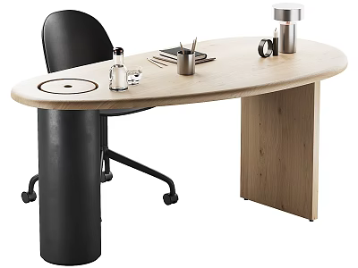 Modern Wooden Oval Desk with Glass Cup Pen Holder Notebook and Black Chair 3d model