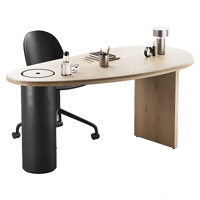 Modern Wooden Oval Desk with Glass Cup Pen Holder Notebook and Black Chair 3d model