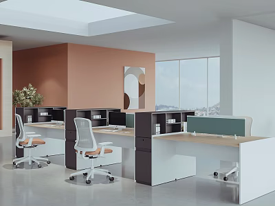 Modern Public Office Space Interior Design With Partitioned Desks Office Chairs Brown Walls And Large Windows 3d model