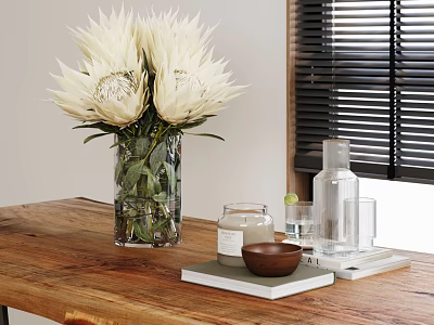 White Protea Flowers Arranged in Glass Vase on Wooden Table with Decorative Items 3d model