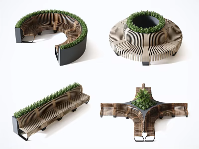 Diverse Designed Landscape Seating Featuring Curved Circular Rectangular Cross Shapes And Green Plants 3d model