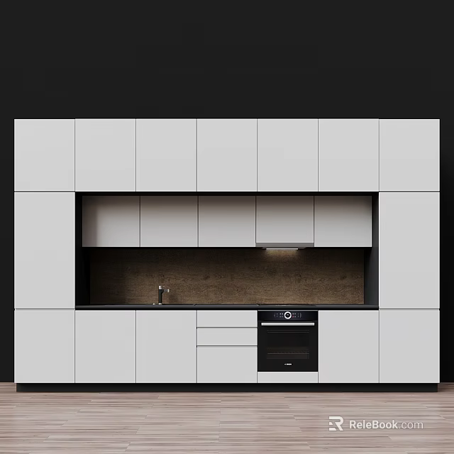 Modern White Kitchen Cabinets With Dark Countertop And Built In Oven 3d model 